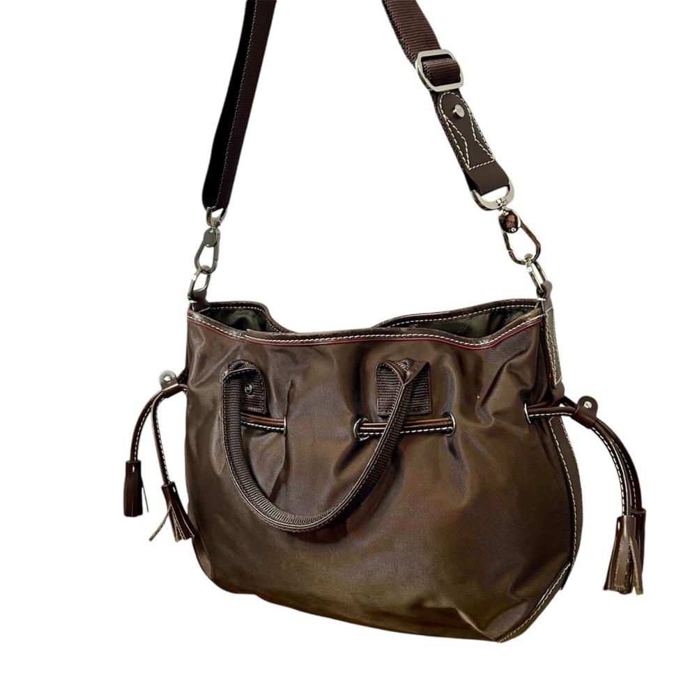 LANCEL PARIS 1876 handbag, nylon leather trim brown with shoulder strap - Picture 5 of 17